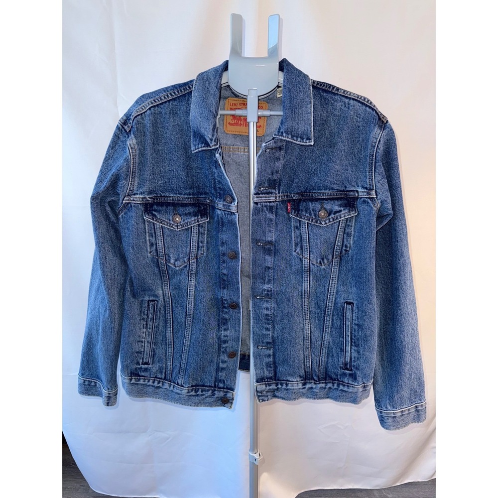 Levis Mens Trucker Jacket Medium Wash Blue Denim Button Front Size L